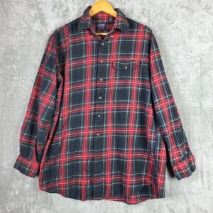 Vintage Lands End Cotton Wool Blend Button Up Red Green Plaid Mens XL Long